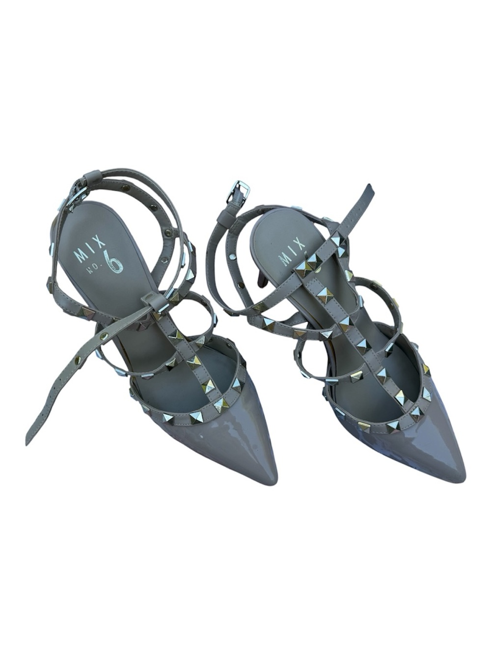 Mix No. 6 Gray Patent Pointed-Toe Studded Strappy Heels
